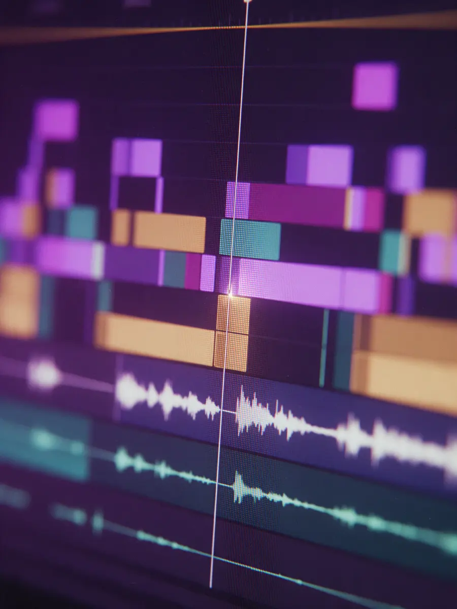 Close-up of an editing timeline with clips and audio waveforms
