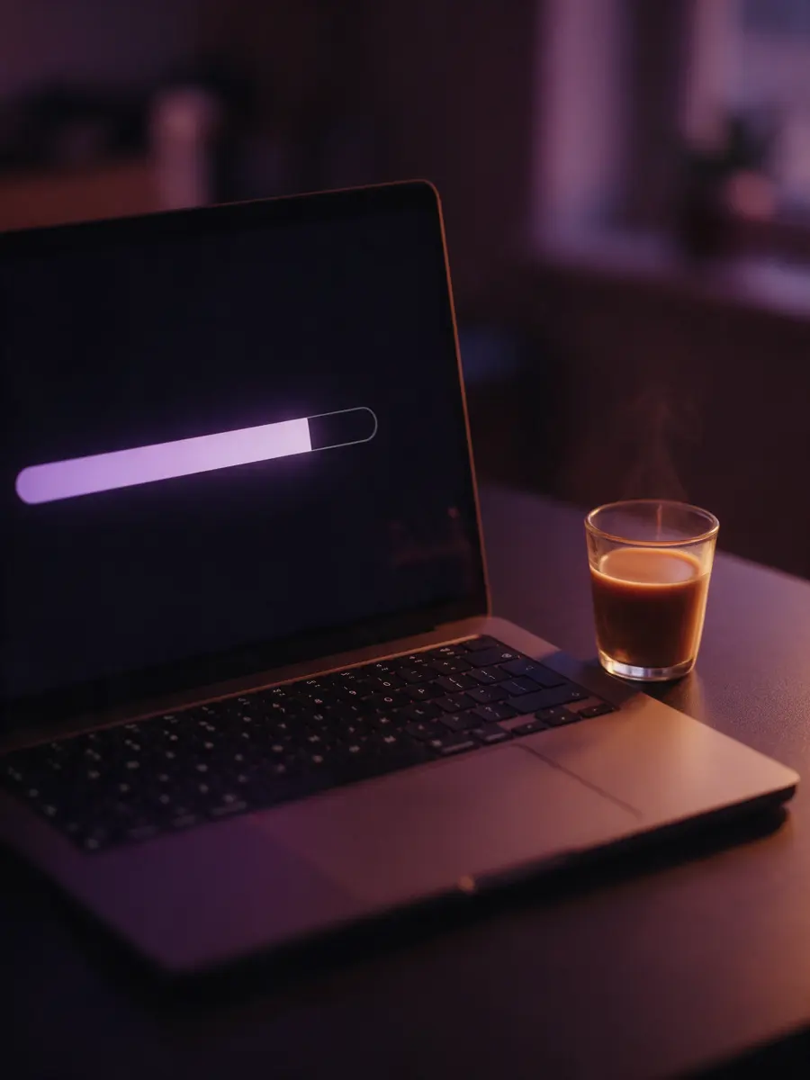A laptop showing an export nearly finished, next to a glass of chai