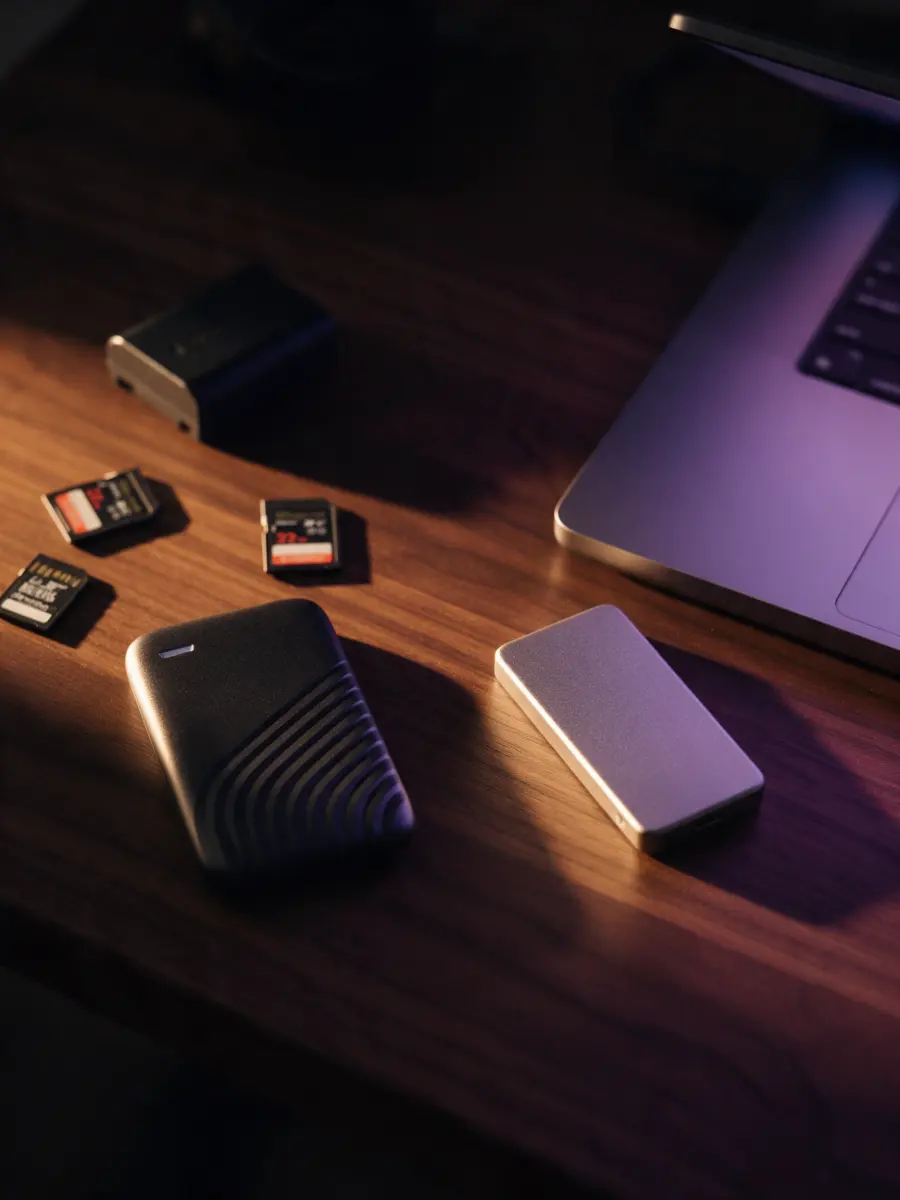Portable drives and memory cards on a desk beside a laptop