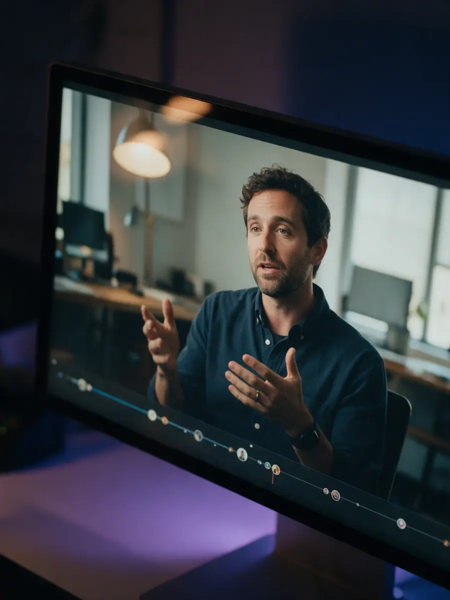 A paused talking-head interview on a monitor with review markers on the timeline